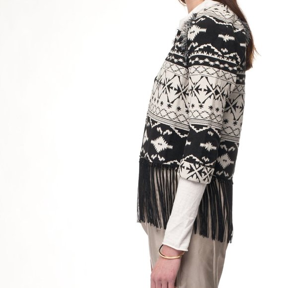 NWT RORY BECA Black Cream Silk Fringe Allover Patterned Jacket Size XS MSRP $220 - Picture 4 of 11